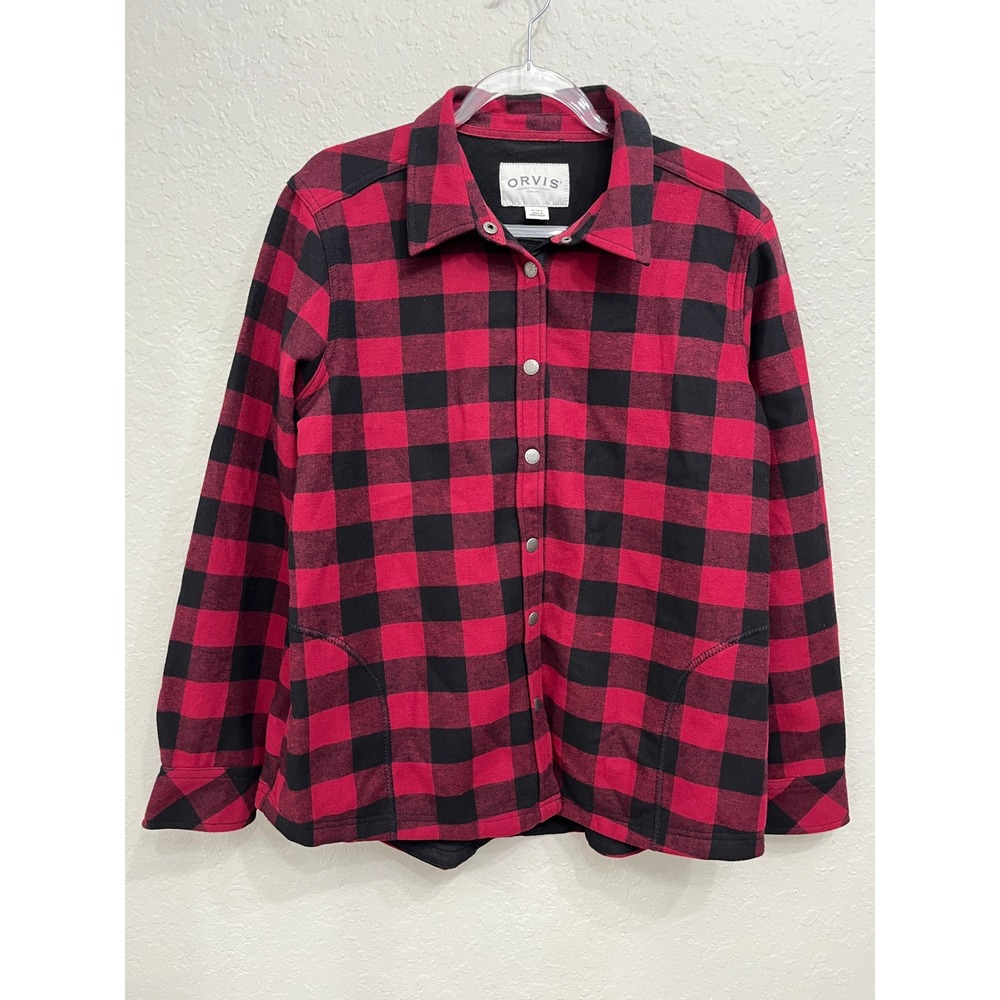 Orvis Womens XL Buffalo Plaid Snap Front Shacket Red Black Fleece Lined Jacket